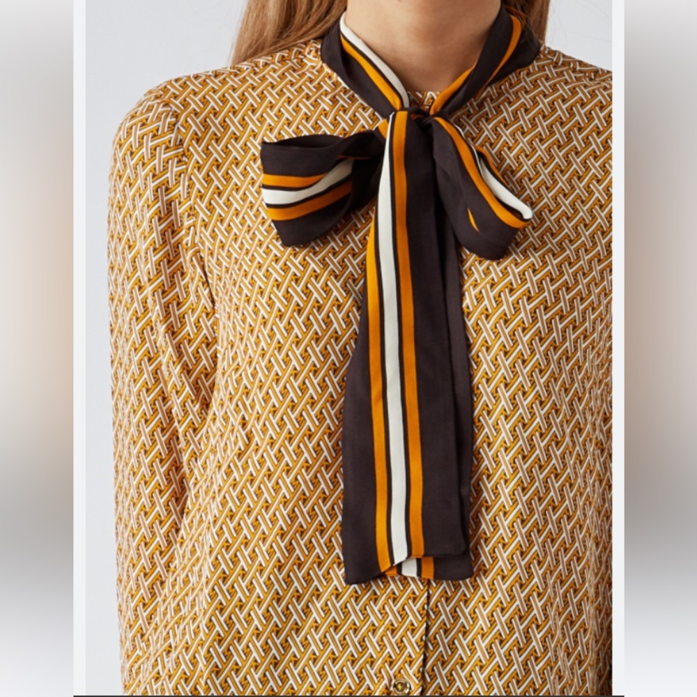 Geometric Print Blouse with Bow Tie Neck
